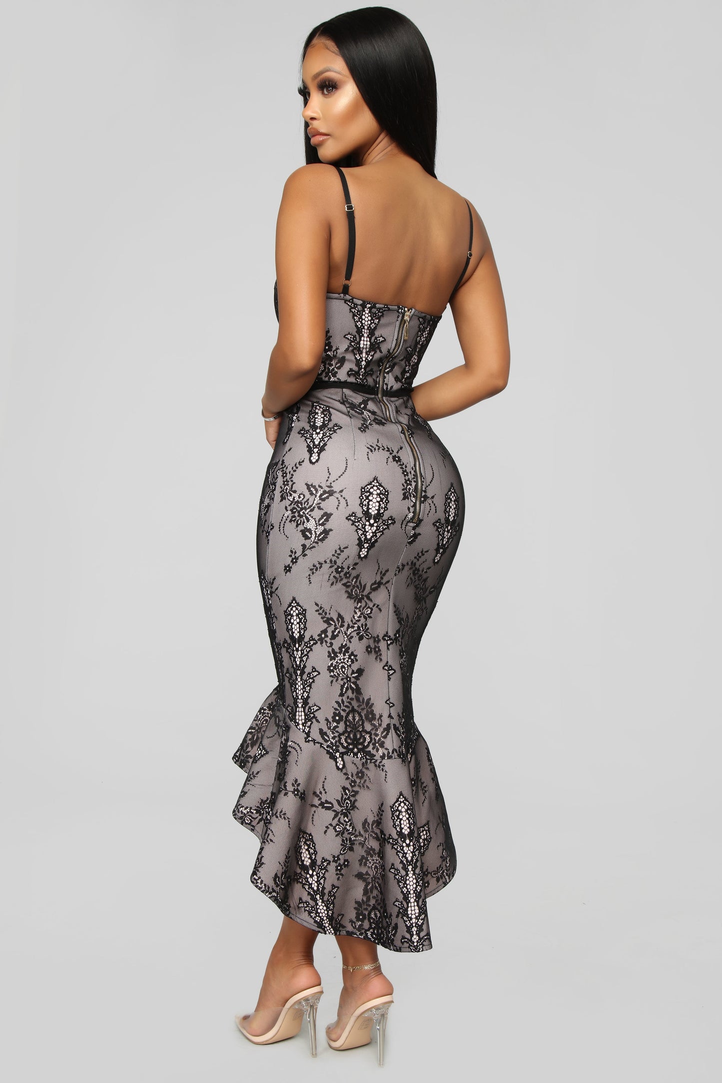 Romance In The Dark Lace Midi Dress - Black/Pink
