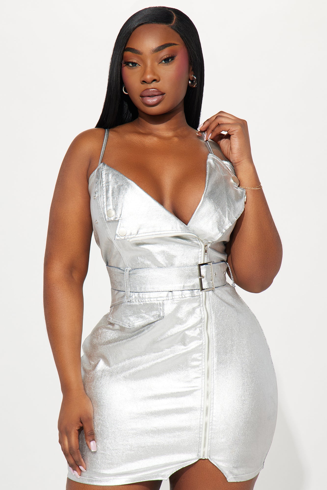 Marley Metallic Denim Mini Dress - Silver