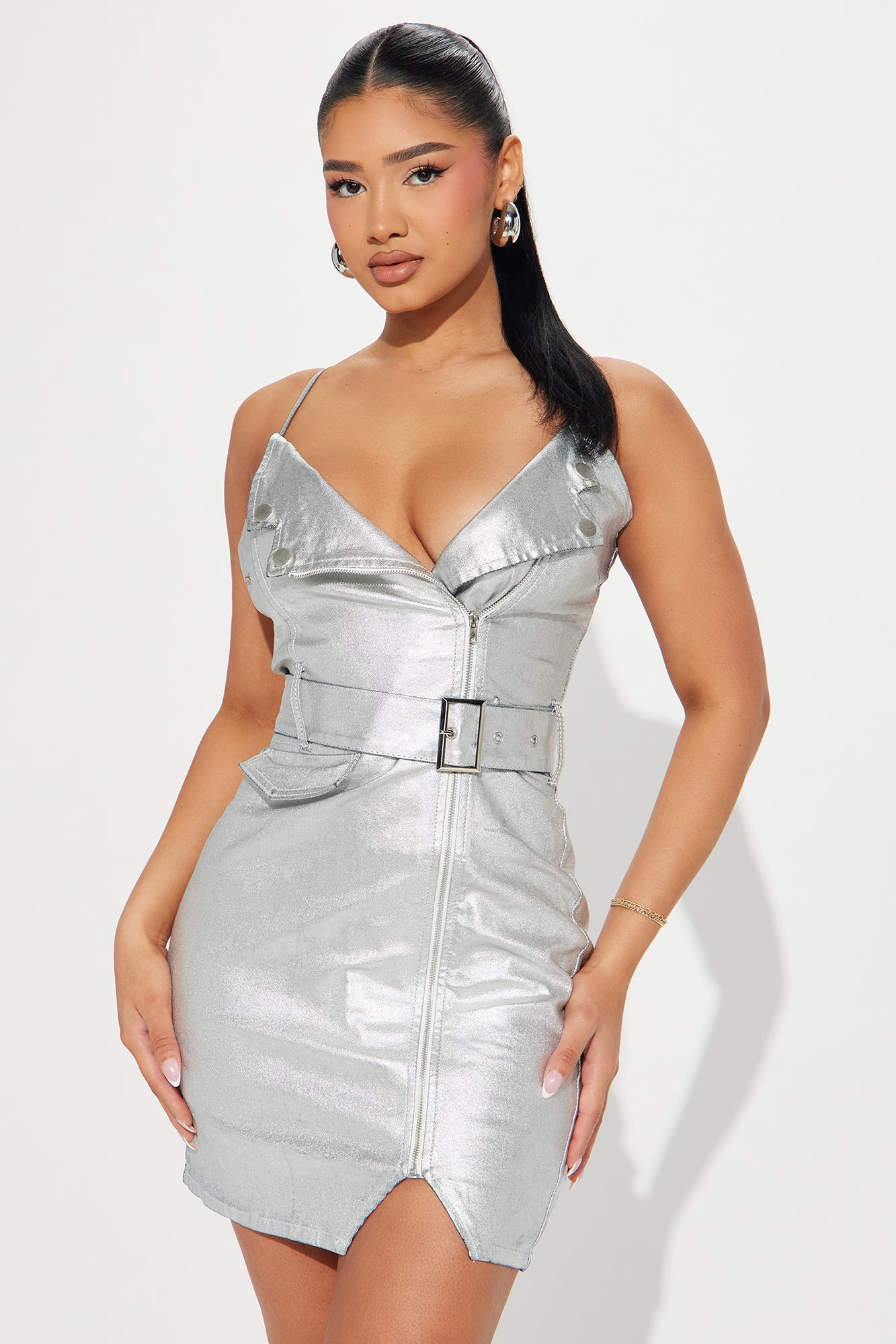 Marley Metallic Denim Mini Dress - Silver