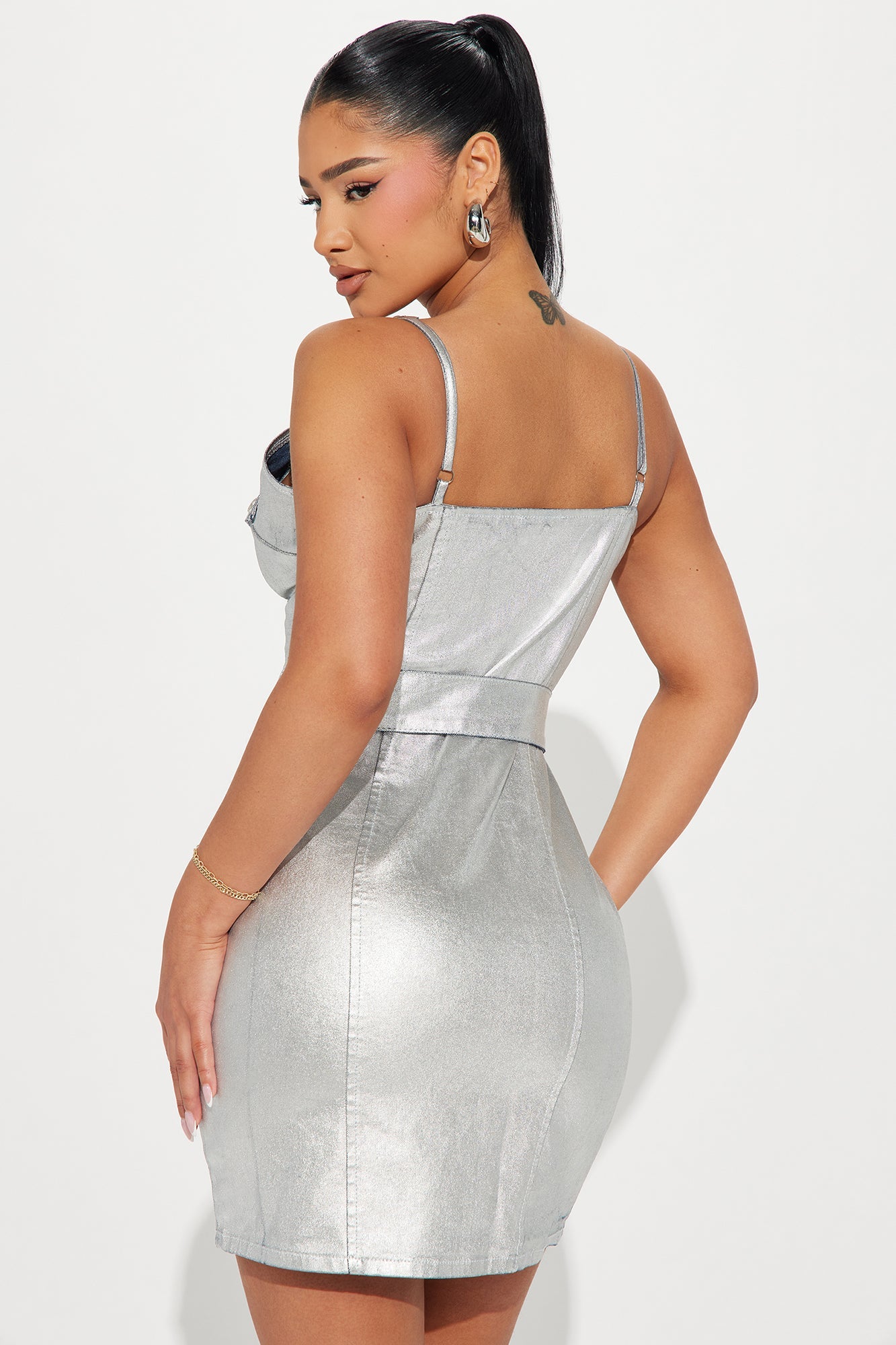 Marley Metallic Denim Mini Dress - Silver