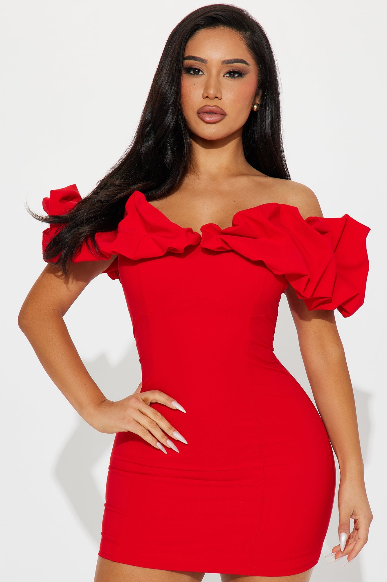 Romy Ruffle Off Shoulder Mini Dress - Red