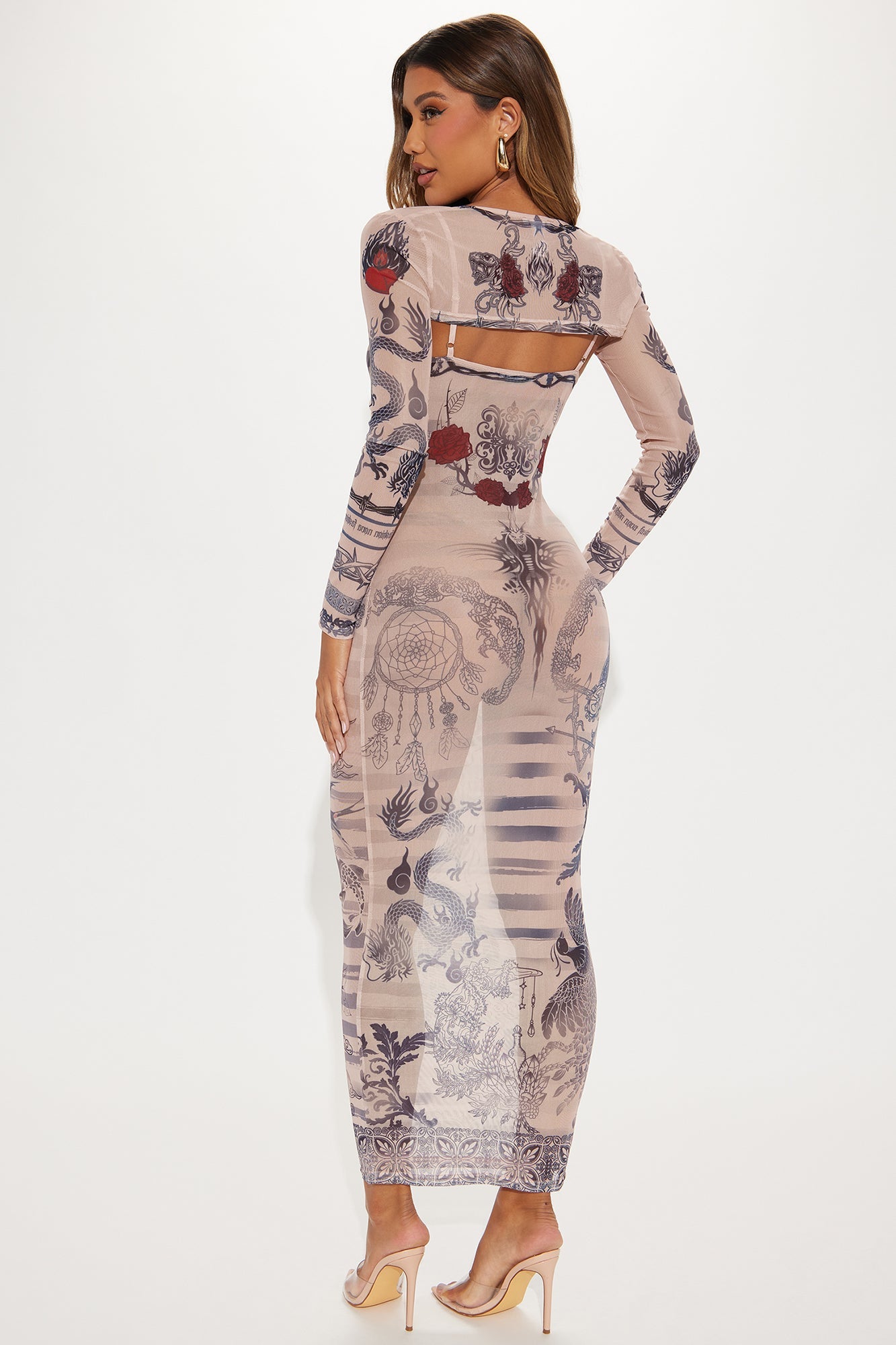 Temporary Tattoo Mesh Maxi Dress - Nude/combo
