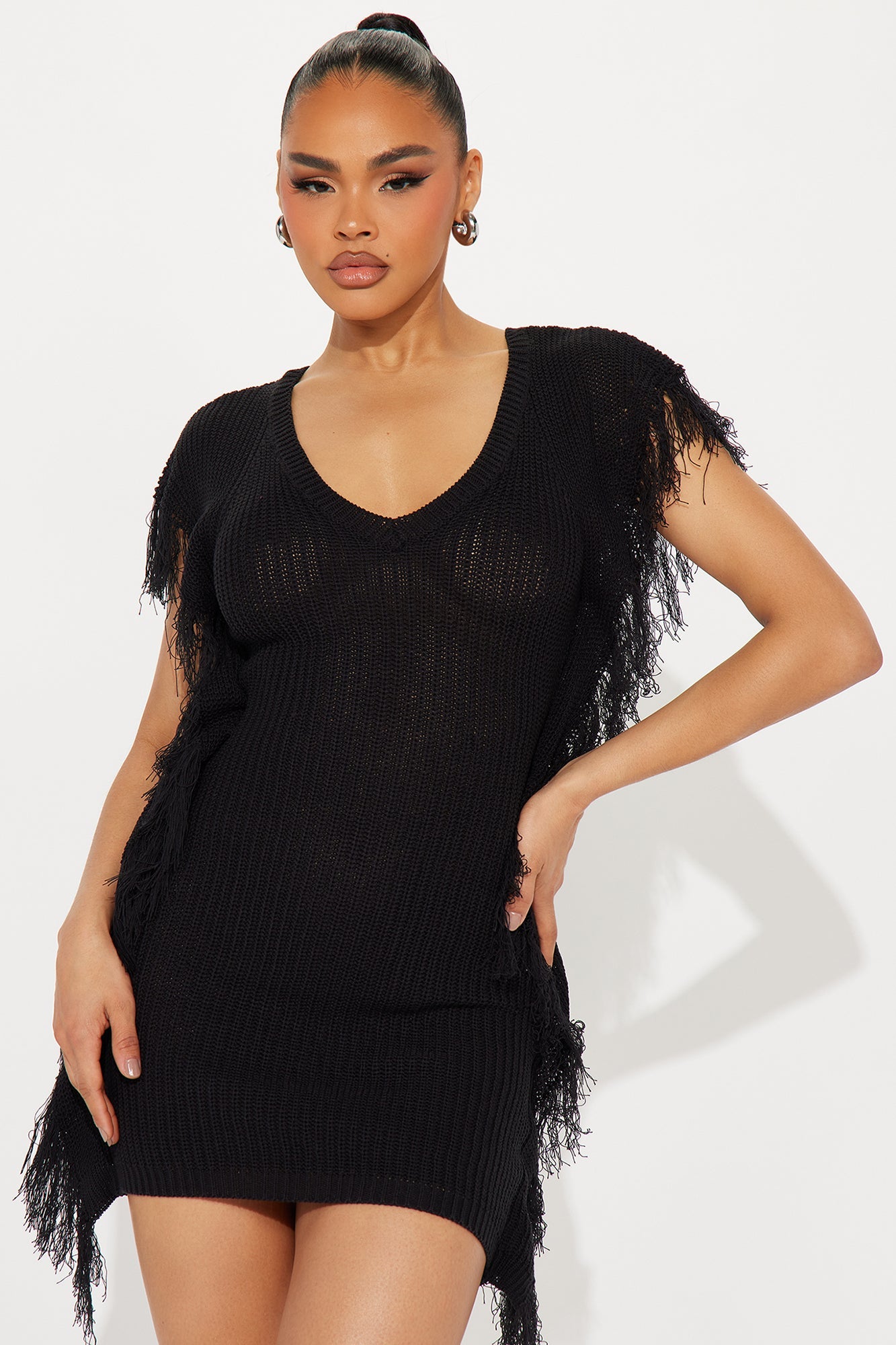 Fay Fringe Knit Mini Dress - Black