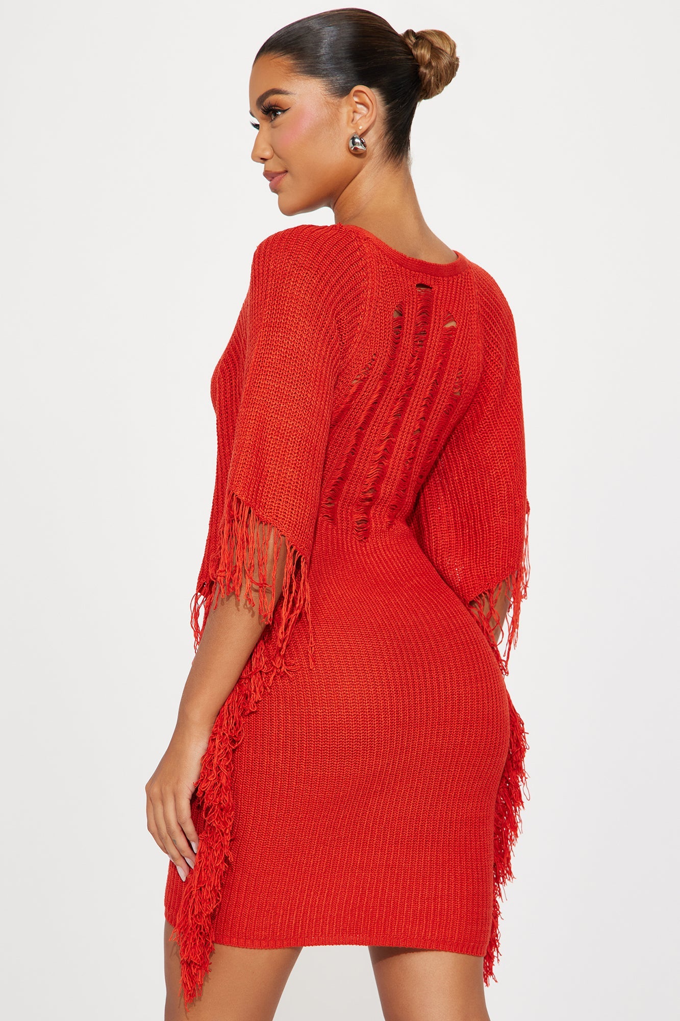 Dia Knit Solid Fringe Mini Dress - Rust