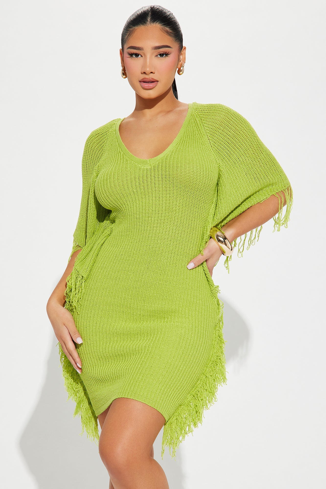 Dia Knit Solid Fringe Mini Dress - Chartreuse