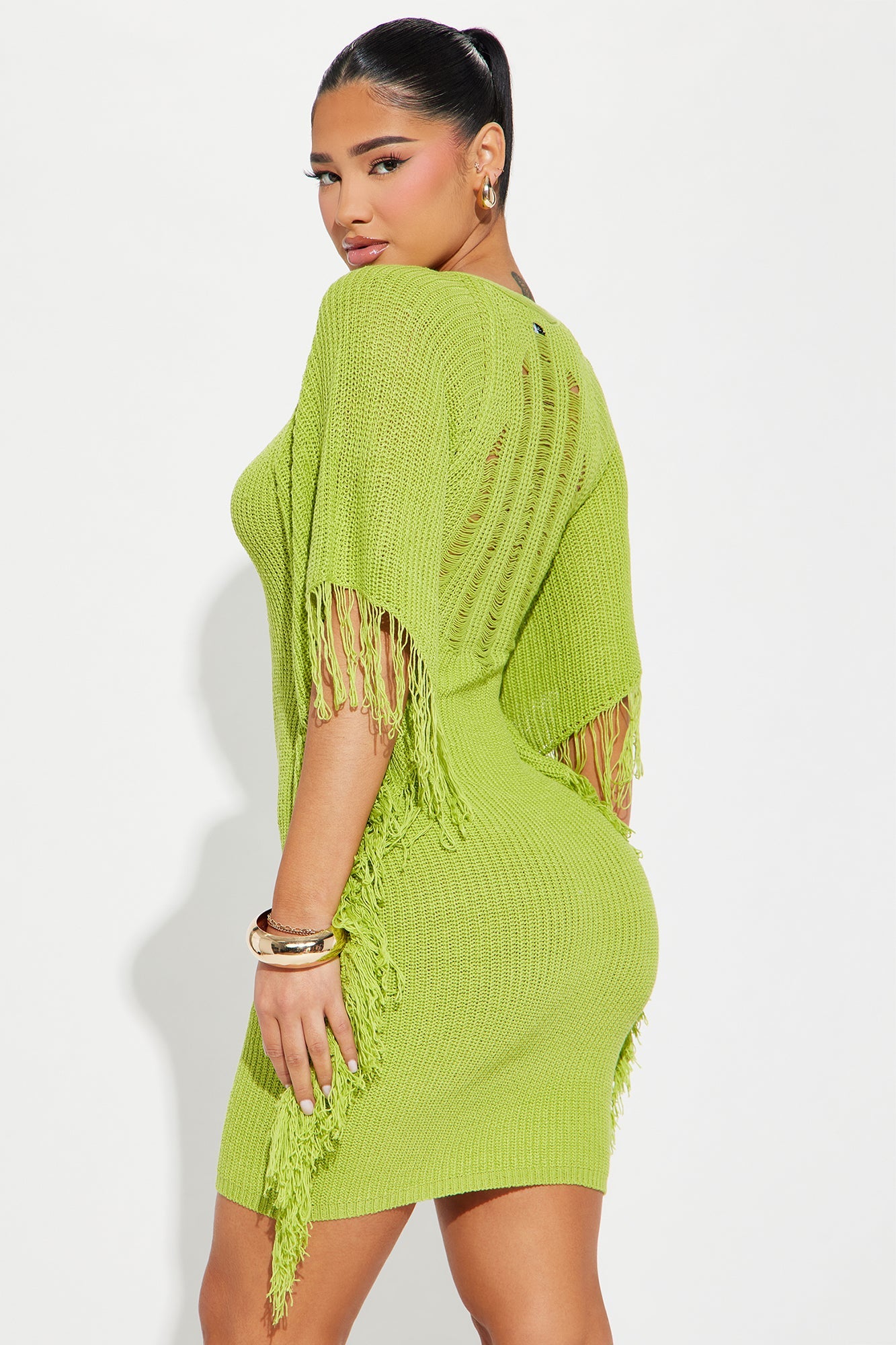 Dia Knit Solid Fringe Mini Dress - Chartreuse