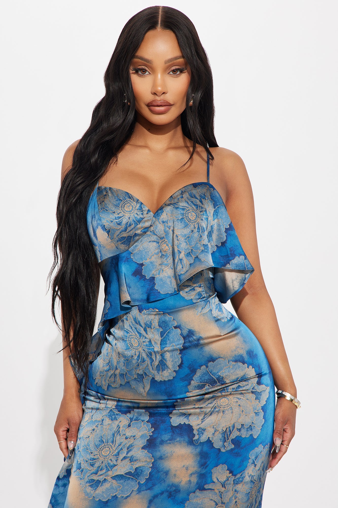 Eloise Satin Ruffle Maxi Dress - Blue