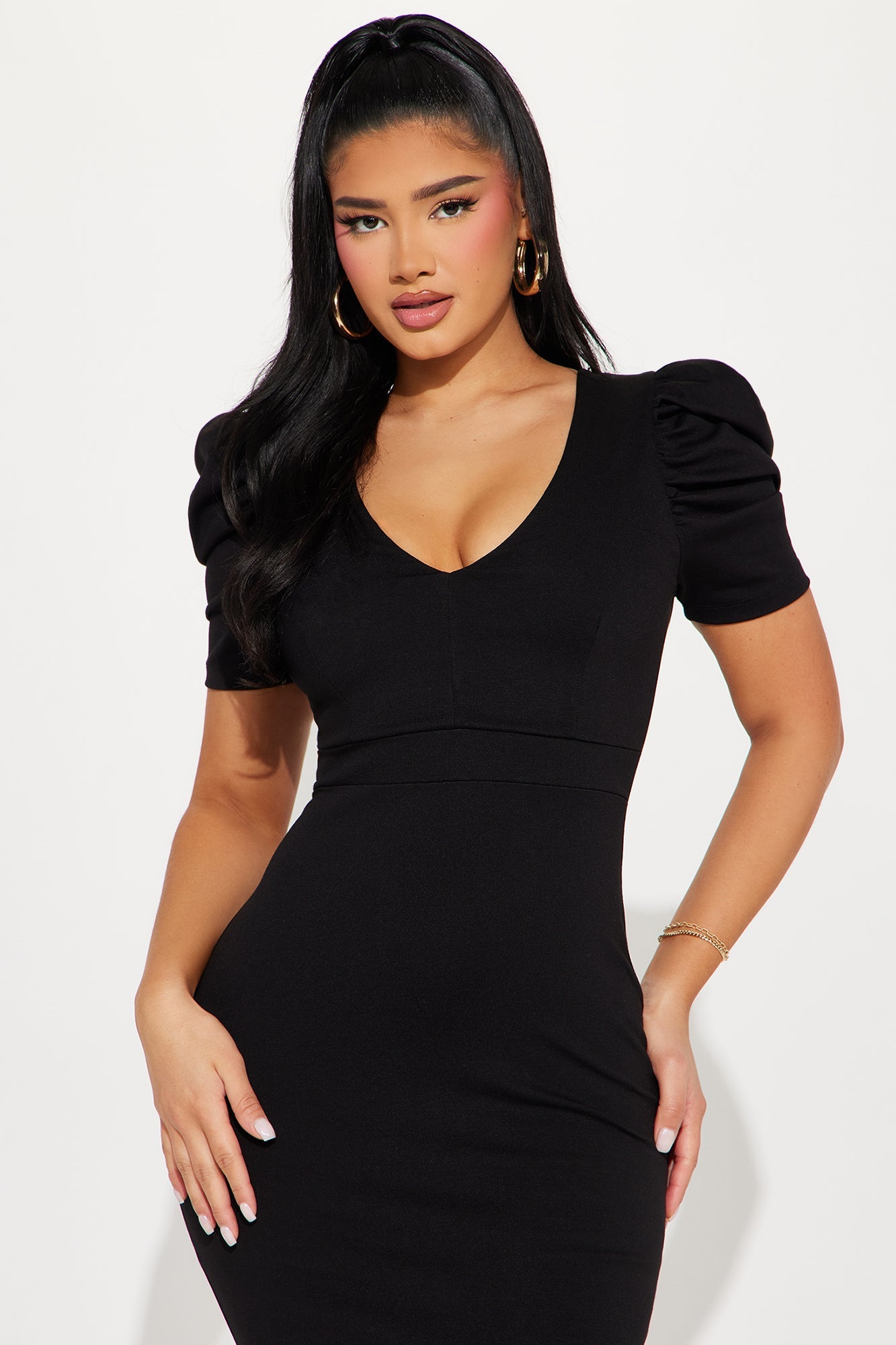 Rosie Puff Sleeve Midi Dress - Black