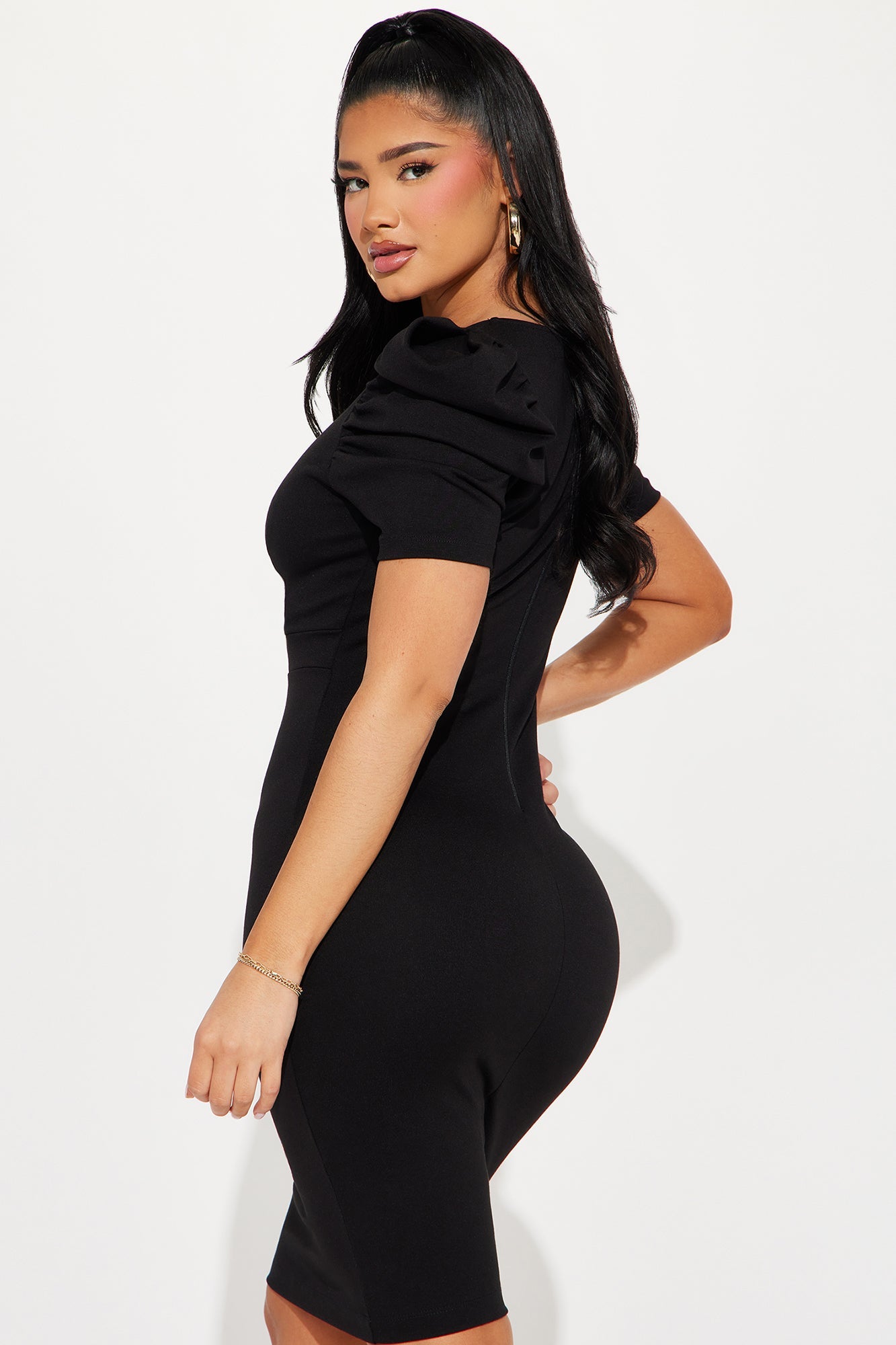Rosie Puff Sleeve Midi Dress - Black