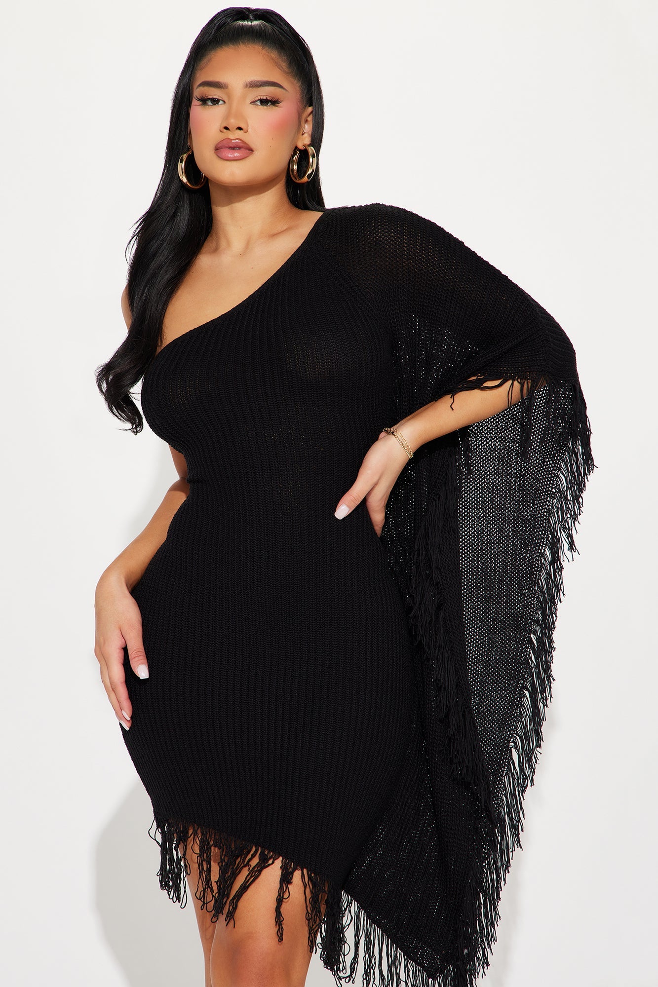 Taylor Solid Fringe Knit Mini Dress - Black