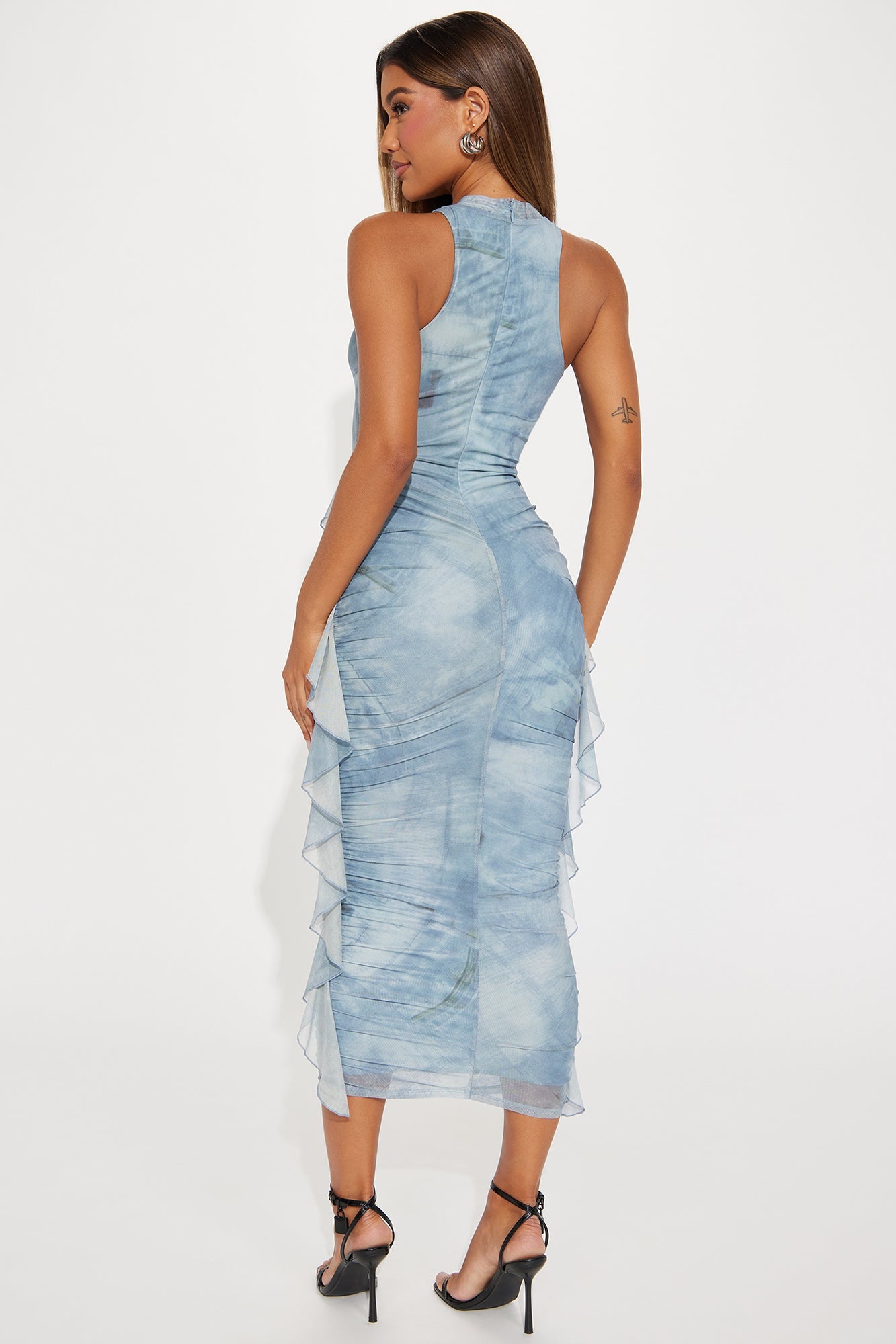 Jayla Ruched Mesh Maxi Dress - Light Blue