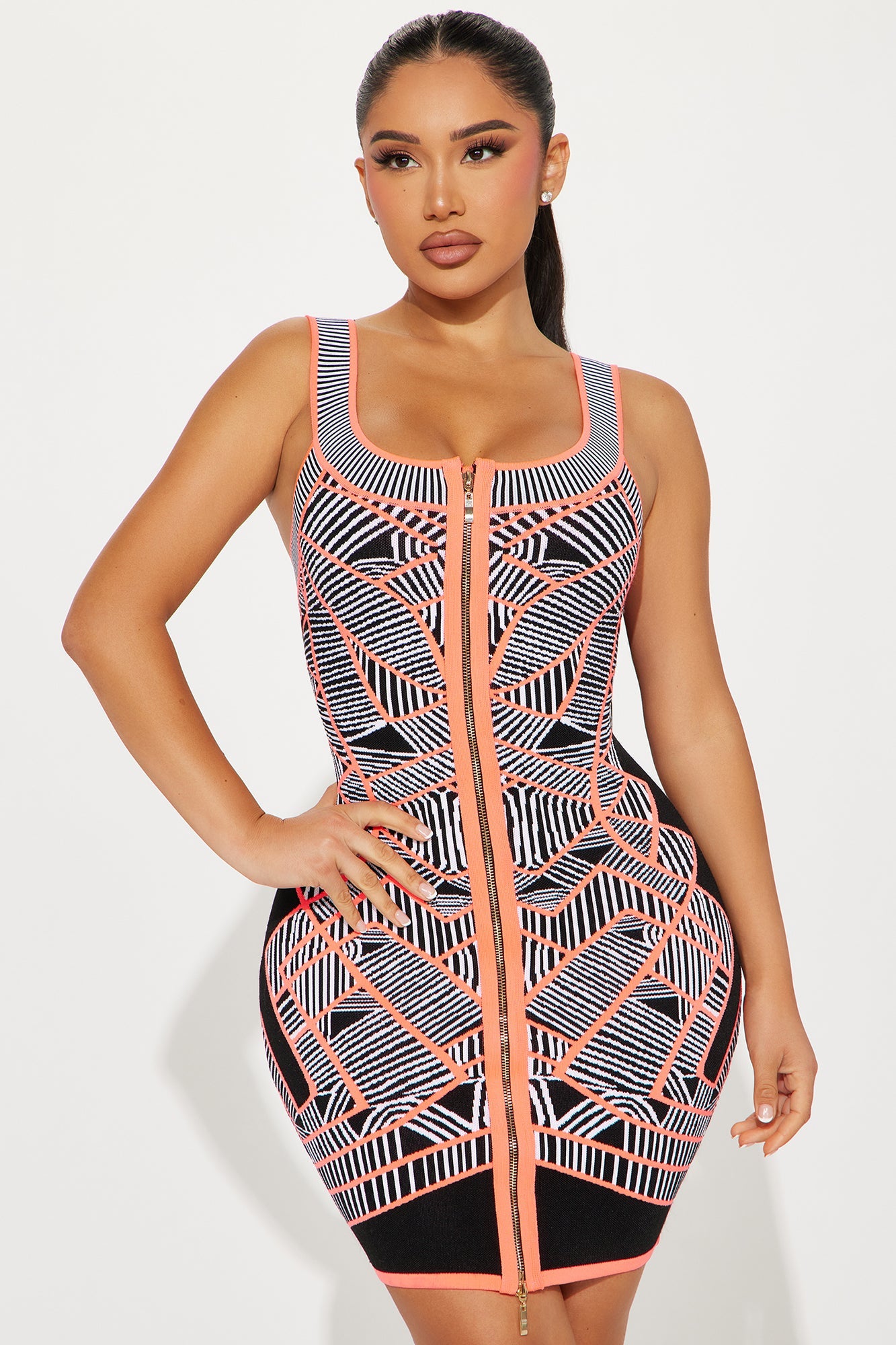 Carmen Knit Mini Dress - Neon Pink/combo