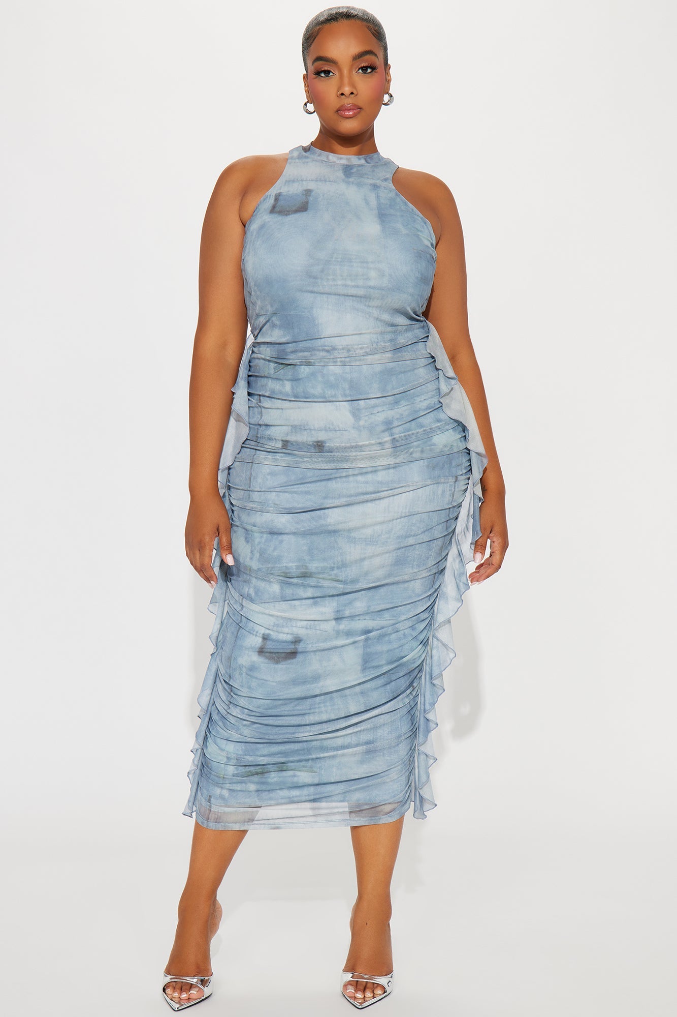 Jayla Ruched Mesh Maxi Dress - Light Blue