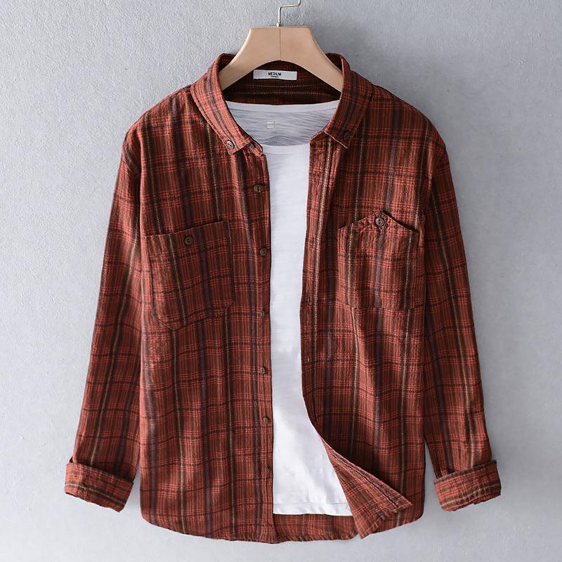 Men's Cotton Long-sleeved Striped Shirt Slim Top - amazitshop