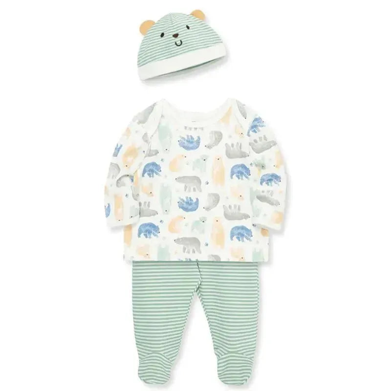 Little Me - 3Pk Fuzzy Bears Interlock Knit Lap-Shoulder Set & Hat