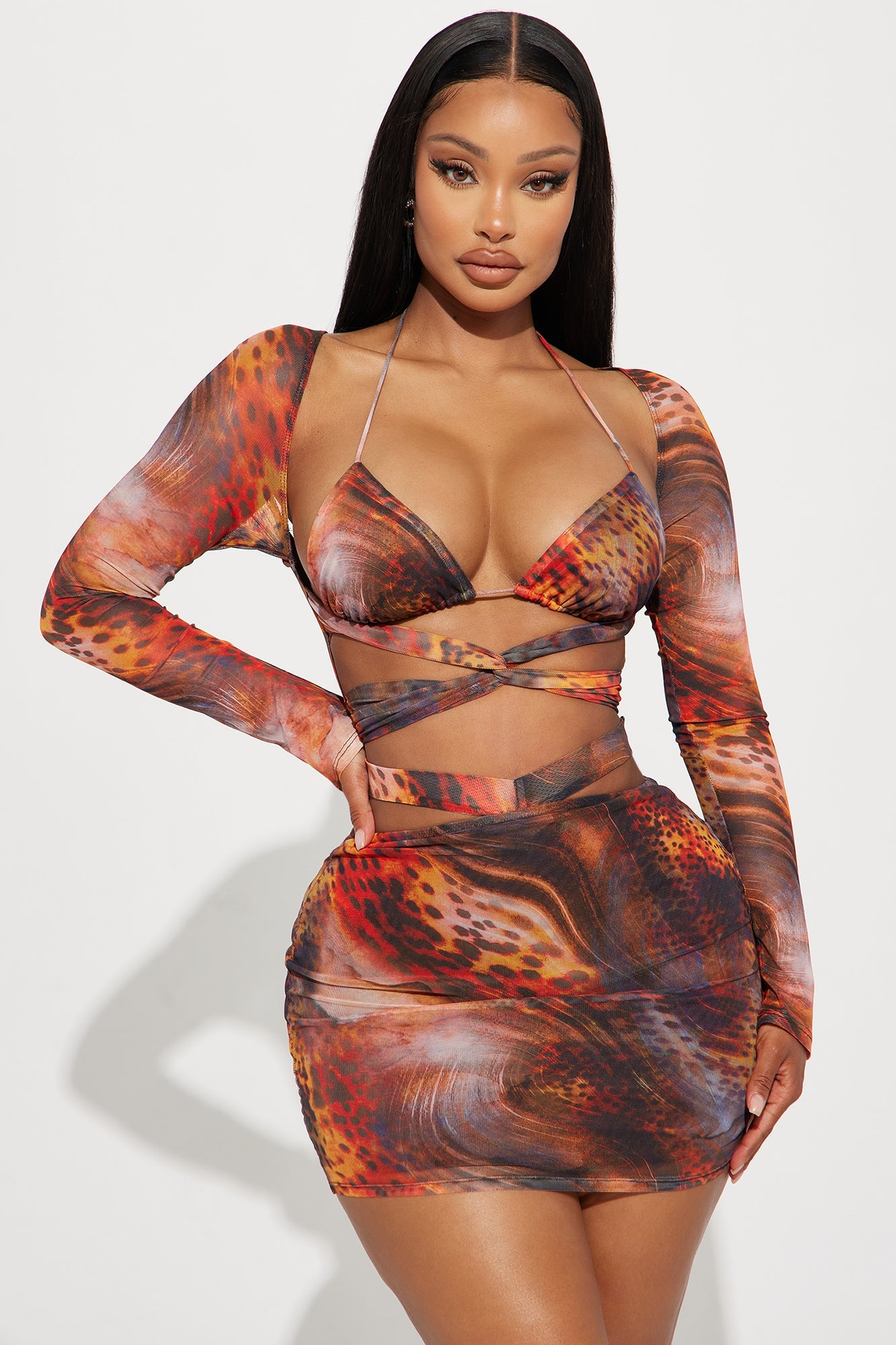 Watch Me Go Mesh Mini Dress Set - Orange/combo