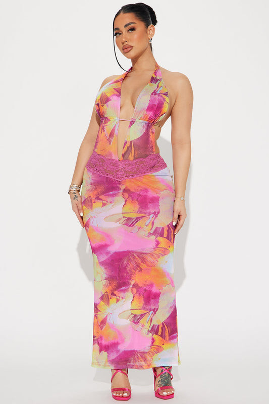 It Girl Mesh Maxi Dress - Fuchsia/combo