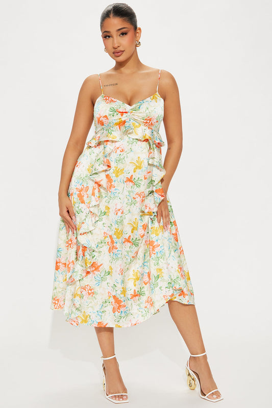 Rosey Satin Midi Dress - White/combo