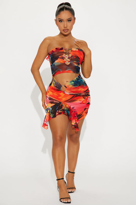 Sirena Mesh Micro Mini Dress - Orange/combo