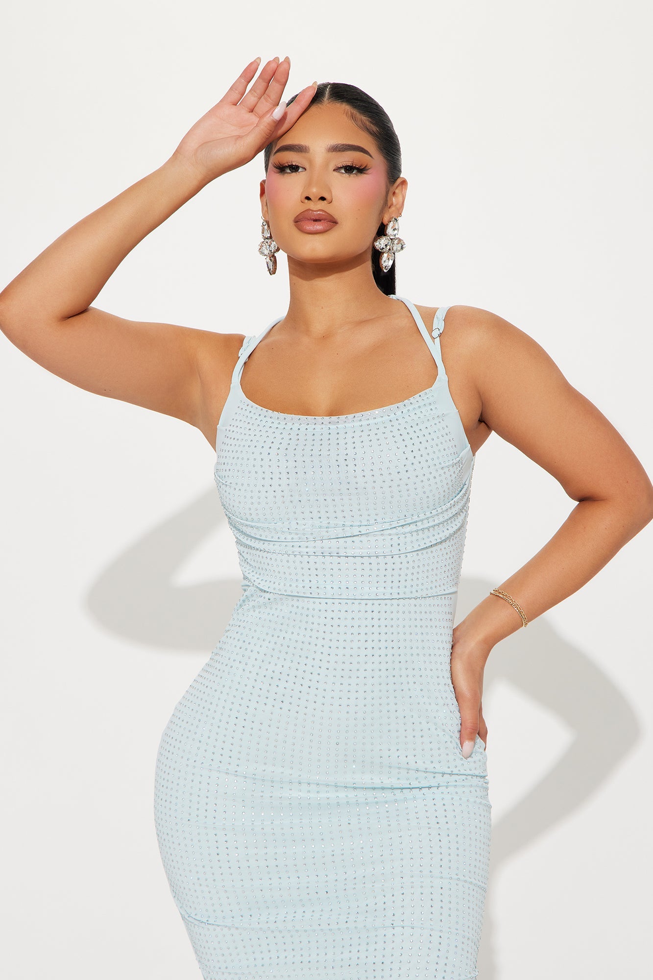 Vanessa Rhinestone Mesh Dress - Light Blue