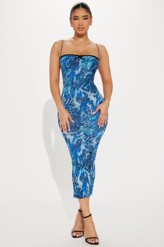 Avery Mesh Leopard Midi Dress - Blue