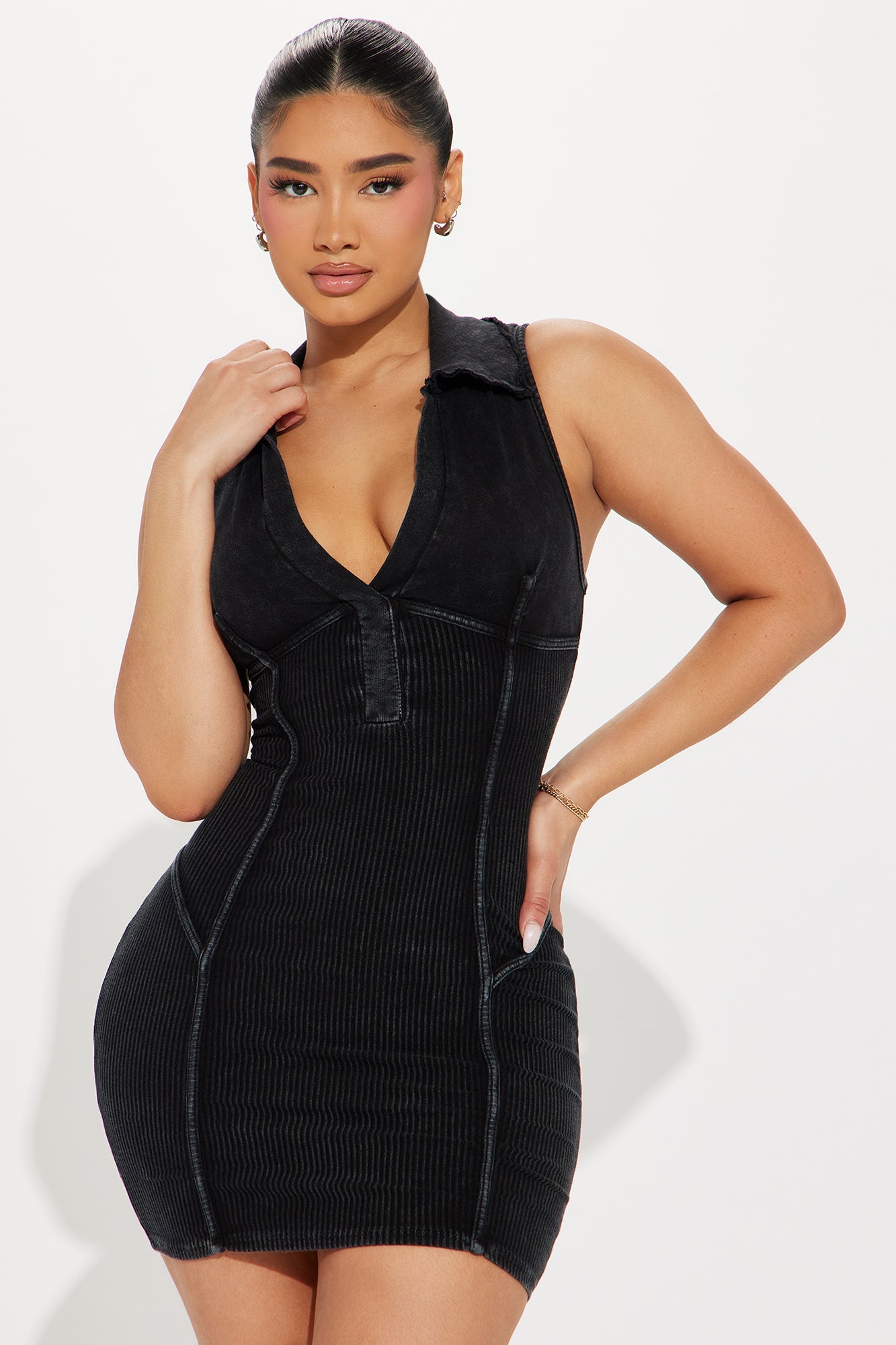 Celestia Ribbed Mini Dress - Black