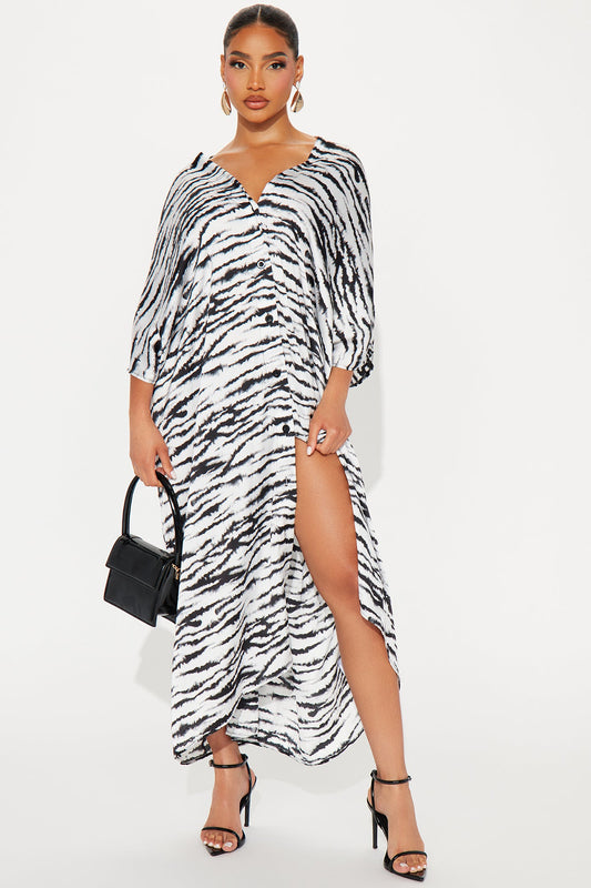 Wild Thang Satin Kaftan Maxi Dress - Black/White