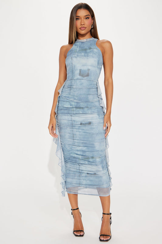 Jayla Ruched Mesh Maxi Dress - Light Blue