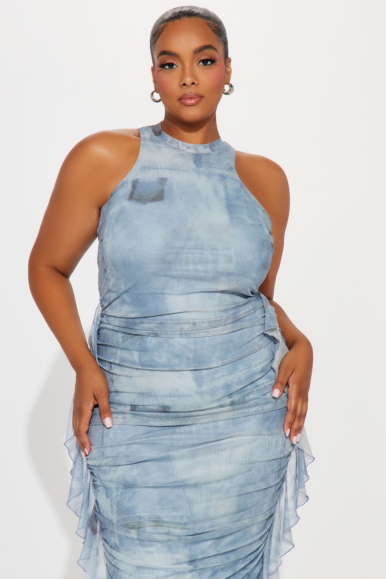 Jayla Ruched Mesh Maxi Dress - Light Blue