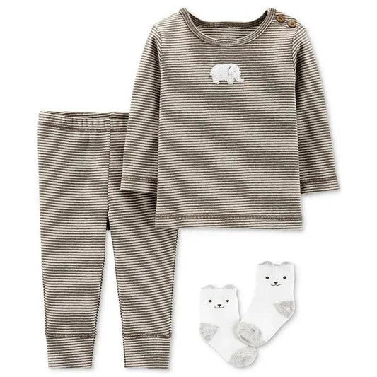 Carter's Baby Boys & Girls 3-Pack, Top, Pants & Socks Cotton Set, Brown, Premiee