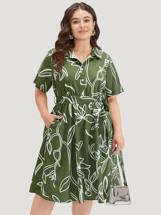 Graphic Print Belted Shirt Collar Button Up Dress