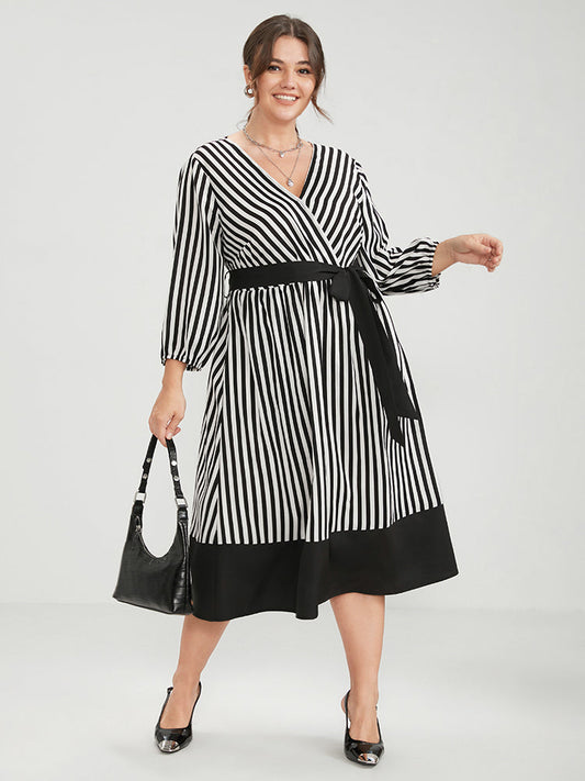 Striped Contrast Patchwork Lantern Sleeve Pocket Belted Wrap Dress