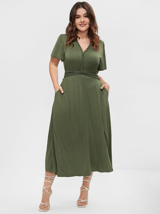 Solid Ruffled Pocket Split Lace Modal Midi Dress