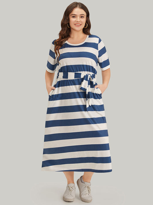 Striped Ties Pocket Crew Neck Dress