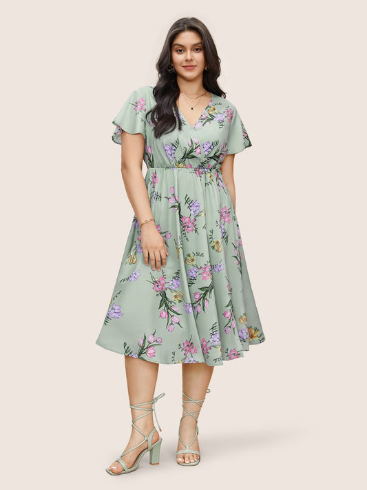 Floral Print Wrap Elastic Waist Split Hem Dress