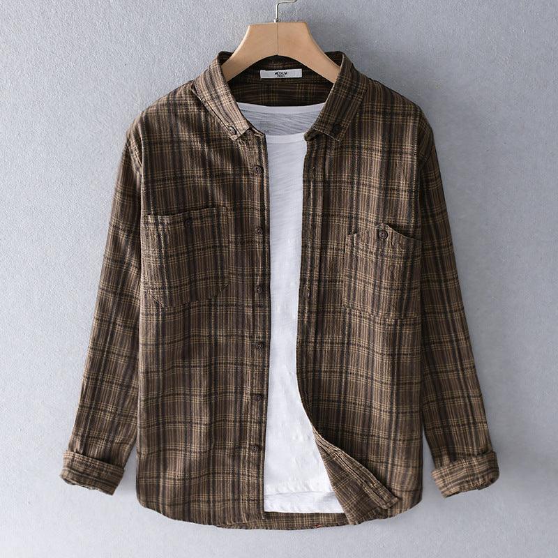 Men's Cotton Long-sleeved Striped Shirt Slim Top - amazitshop