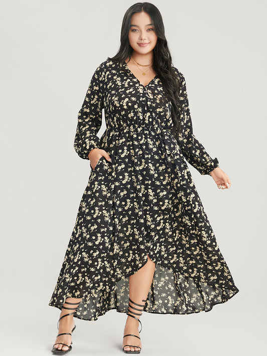 Floral Wrap Lantern Sleeve Pocket Asymmetrical Hem Dress