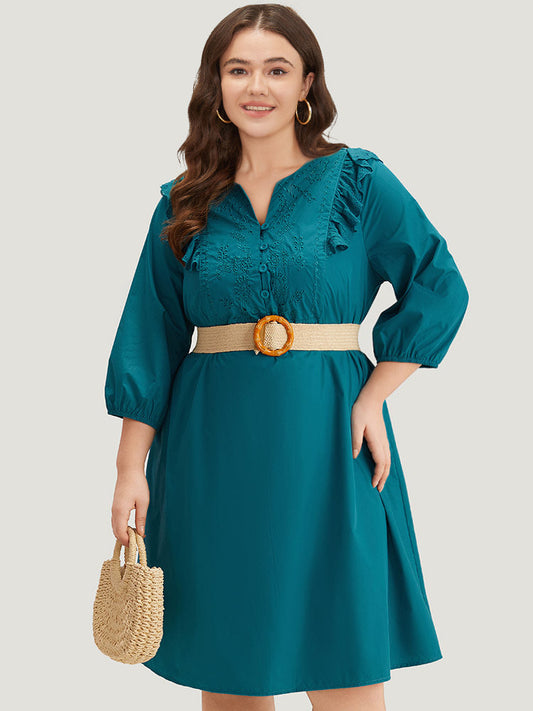 Plain Ruffle Trim Lantern Sleeve Dress