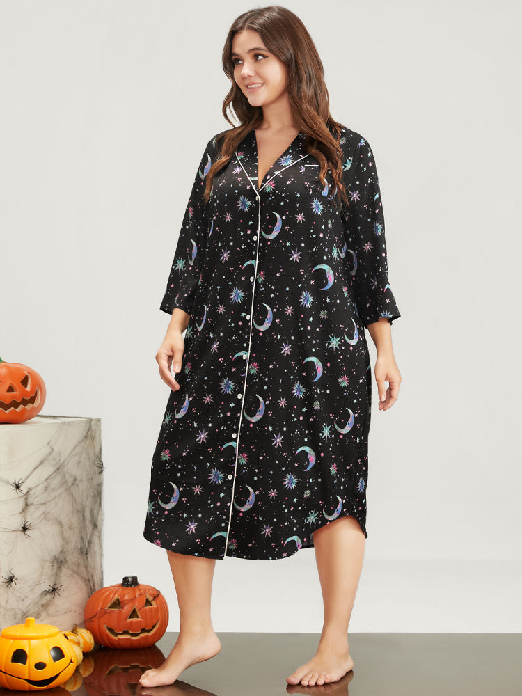 Halloween Lapel Collar Button Through Arc Hem Dress