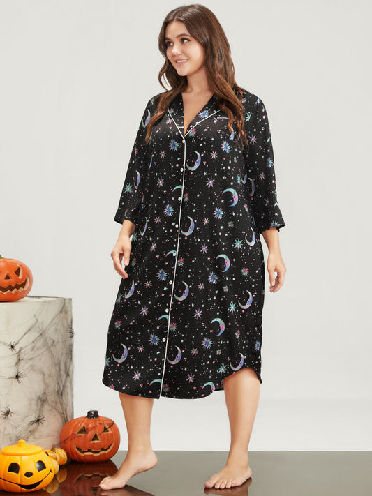 Halloween Lapel Collar Button Through Arc Hem Dress