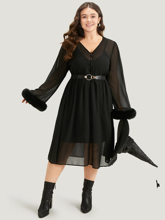 Halloween Patchwork Chiffon Mesh Button Up Fuzzy Trim Dress