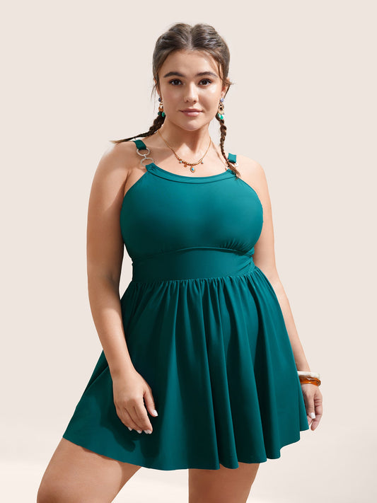 Solid Buckle Detail Gathered Swim Dress