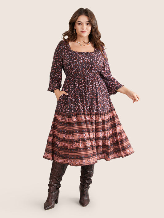 Ditsy Floral Patchwork Square Neck Frill Trim Dress