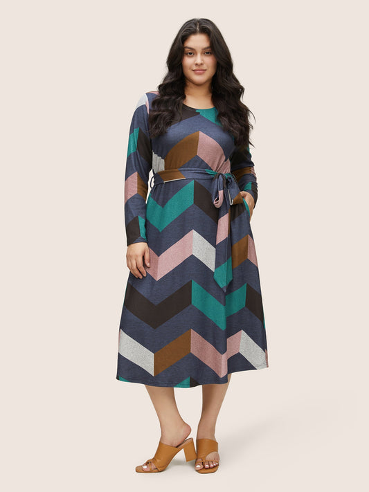 Crew Neck Contrast Colorblock Belted Dress