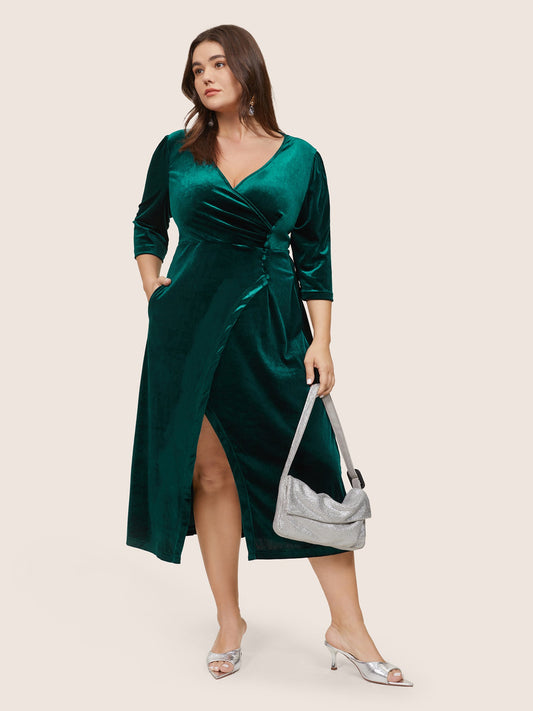 Plain Velvet Wrap Gathered Split Front Dress