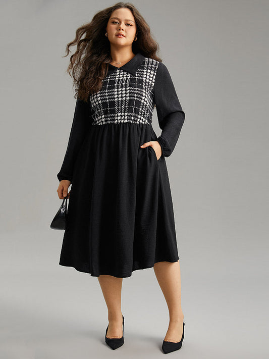 Plaid Patchwork Lapel Collar Pocket Dress