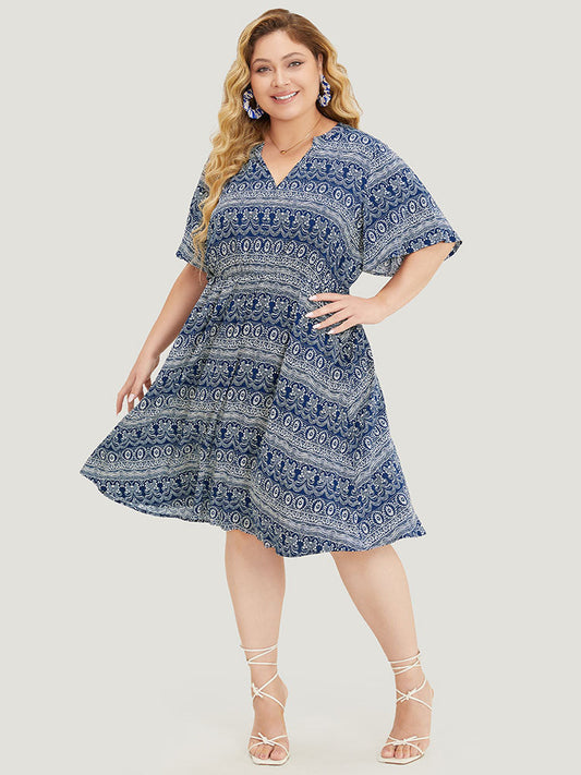 Bandana Print Notched Pocket Ruffles Knee Dress