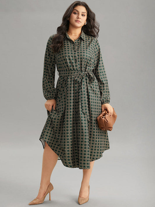 Geometric Belted Curved Hem Lantern Sleeve Dress