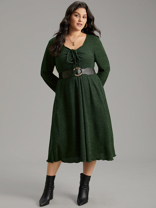 Square Neck Solid Drawstring Rib Knit Dress