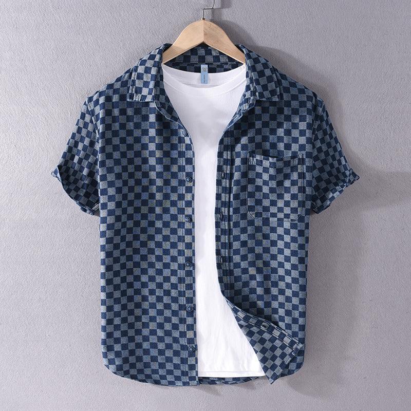 Plaid Short Sleeve Denim Shirt Casual All-match Cotton Shirt - amazitshop